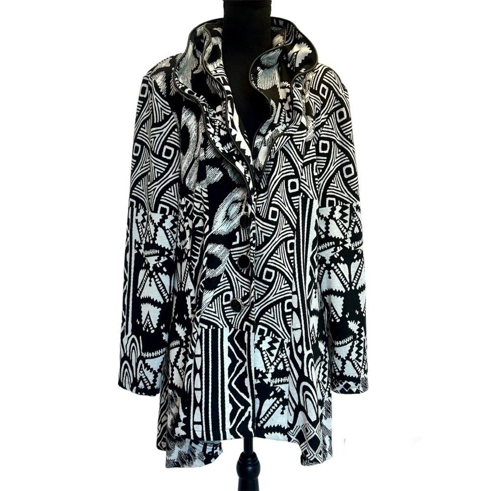 Frank Lyman black white ruffle frill collar abstract print pea coat Sz 20 NWOT